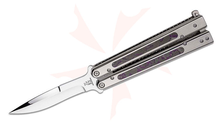 Sam Eddleman Custom Weehawk Balisong Butterfly Knife 4.25 inch N690 Full Polished Blade, Polished Titanium Handles with Purple/Black FatCarbon Inlays with Latch