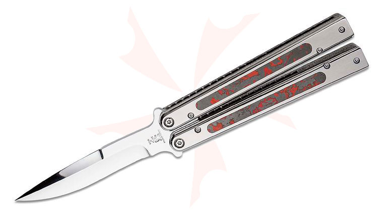 Sam Eddleman Custom Weehawk Balisong Butterfly Knife 4.25 inch N690 Mirror Polished Blade, Polished Titanium Handles with Red/Black FatCarbon Inlays