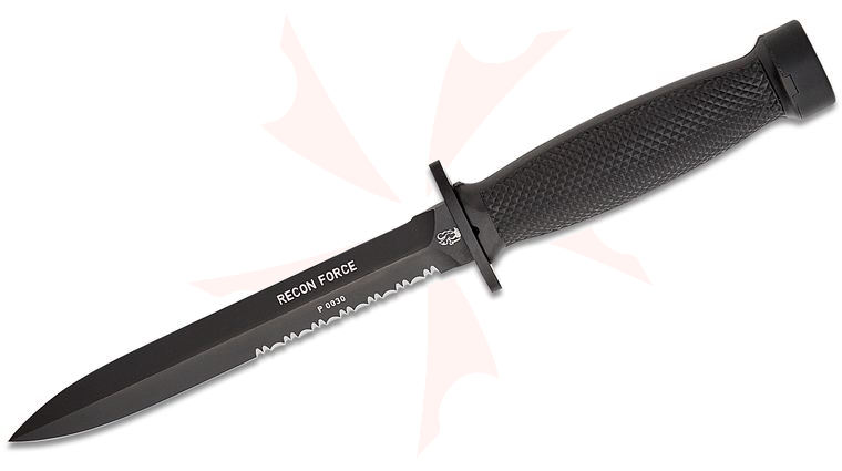 Eickhorn Solingen Recon Force Dagger 6.69 inch 55Si7 Black Double Edge Combo Blade, Black GRN Handles, Nylon MOLLE Sheath