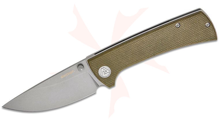 EIKONIC Knives Chaves RCK9 Folding Knife 3.06 inch D2 Stonewashed Drop Point Plain Blade, Olive Green Micarta Handles