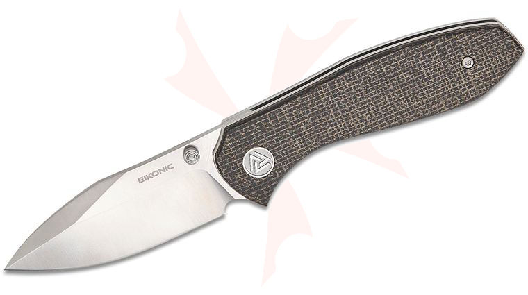 EIKONIC Knives Jonas Iglesias Kasador Folding Knife 3.06 inch D2 Satin Drop Point Plain Blade, Black Canvas Micarta Handles