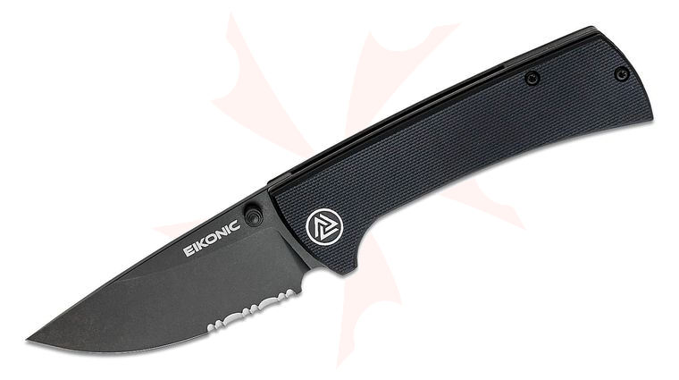 EIKONIC Knives Chaves RCK9 Folding Knife 3.06 inch D2 Black Stonewashed Drop Point Combo Blade, Black G10 Handles