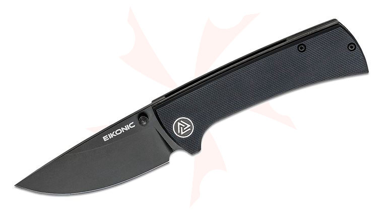 EIKONIC Knives Chaves RCK9 Folding Knife 3.06 inch D2 Black Stonewashed Drop Point Plain Blade, Black G10 Handles