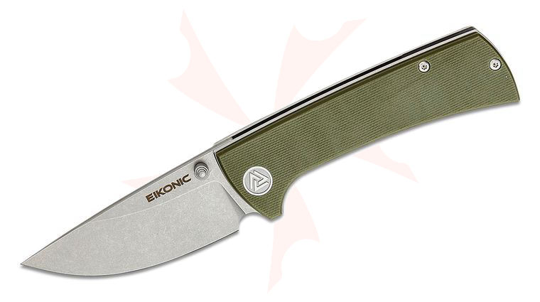 EIKONIC Knives Chaves RCK9 Folding Knife 3.06 inch D2 Stonewashed Drop Point Plain Blade, Olive G10 Handles