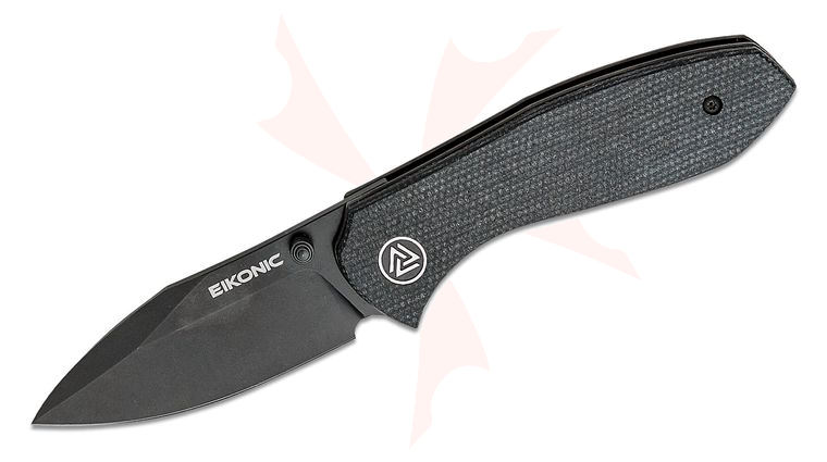 EIKONIC Knives Jonas Iglesias Kasador Folding Knife 3.06 inch D2 Black Stonewashed Drop Point Plain Blade, Black Canvas Micarta Handles