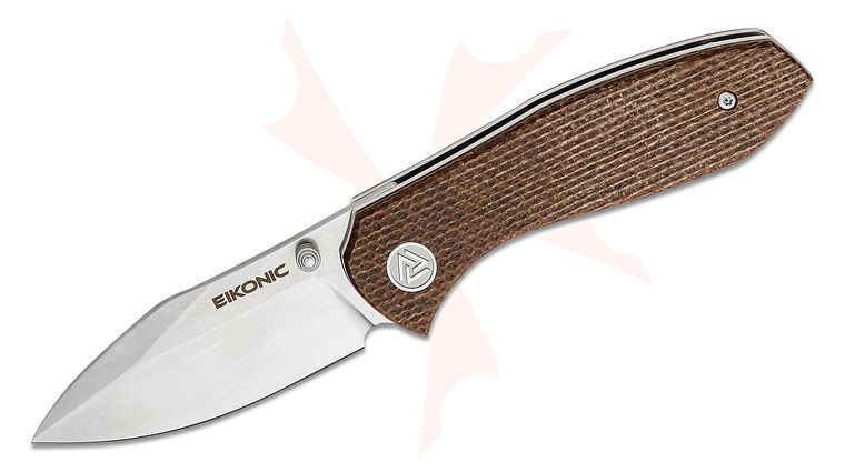 EIKONIC Knives Jonas Iglesias Kasador Folding Knife 3.06 inch D2 Satin Drop Point Plain Blade, Brown Canvas Micarta Handles