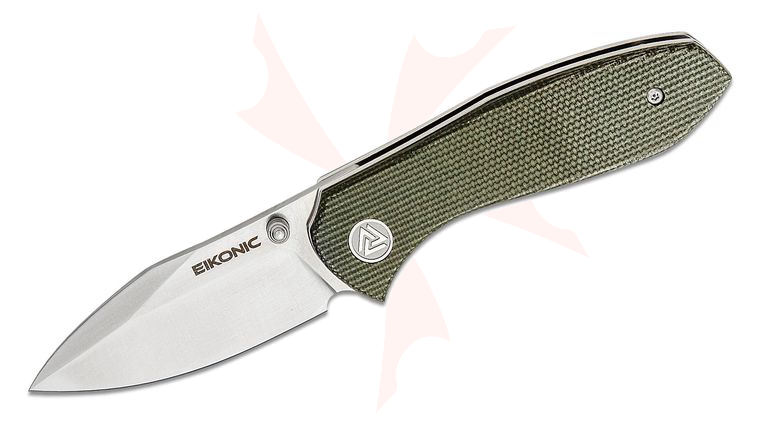 EIKONIC Knives Jonas Iglesias Kasador Folding Knife 3.06 inch D2 Satin Drop Point Plain Blade, Olive Canvas Micarta Handles