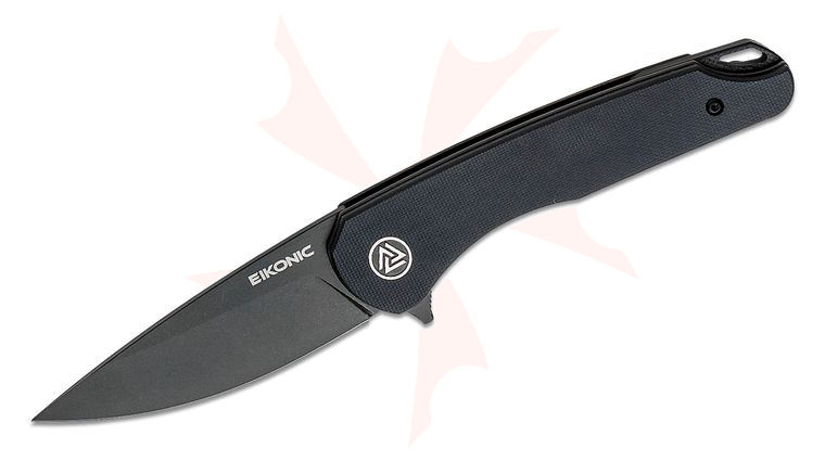 EIKONIC Knives Brian Brown Dromas Flipper Knife 3.25 inch D2 Black Stonewashed Drop Point Blade, Black G10 Handles