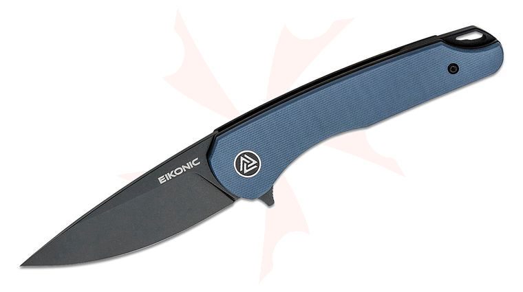 EIKONIC Knives Brian Brown Dromas Flipper Knife 3.25 inch D2 Black Stonewashed Drop Point Blade, Blue G10 Handles