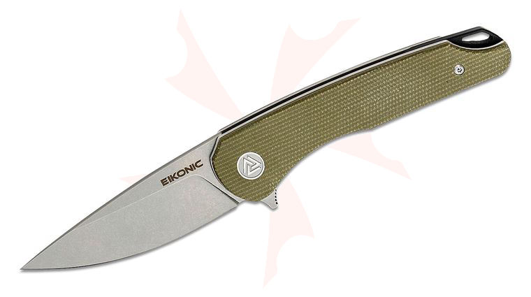 EIKONIC Knives Brian Brown Dromas Flipper Knife 3.25 inch D2 Stonewashed Drop Point Blade, Olive Canvas Micarta Handles