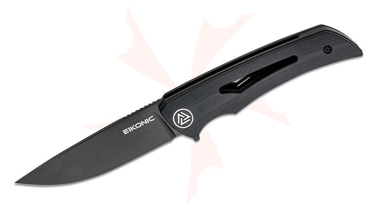 EIKONIC Knives SharpByDesign Aperture Flipper Knife 3.14 inch D2 Black Stonewashed Drop Point Blade, Black G10 Handles