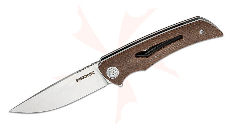 EIKONIC Knives SharpByDesign Aperture Flipper Knife 3.14 inch D2 Satin Drop Point Blade, Brown Canvas Micarta Handles