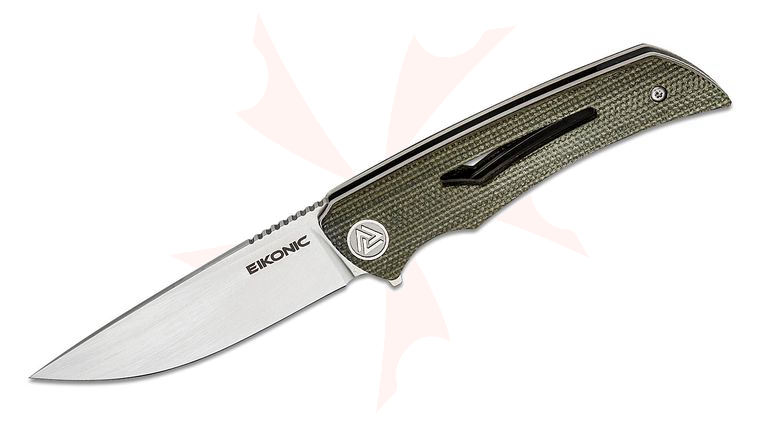 EIKONIC Knives SharpByDesign Aperture Flipper Knife 3.14 inch D2 Satin Drop Point Blade, Olive Canvas Micarta Handles
