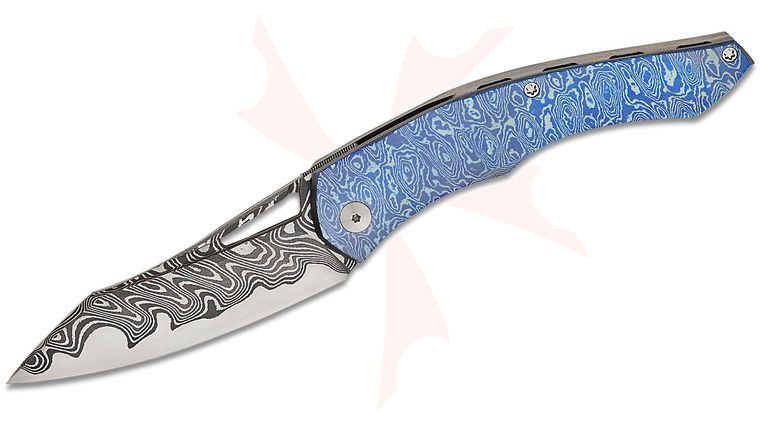 Emmanuel Le Brun Knives Custom Rhino V3 Front Flipper Knife 3.5 inch Nichols Armor Core Damascus Sheepsfoot Blade, Mokuti  and Titanium Handles