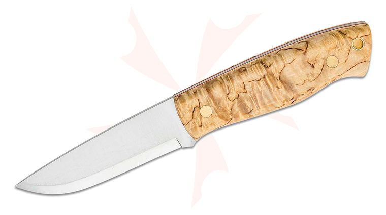 Brisa (EnZo) Trapper 95 Fixed Blade Knife 3.74 inch O1 Scandi Ground Blade, Stabilized Curly Birch Handle, Brown Leather Sheath