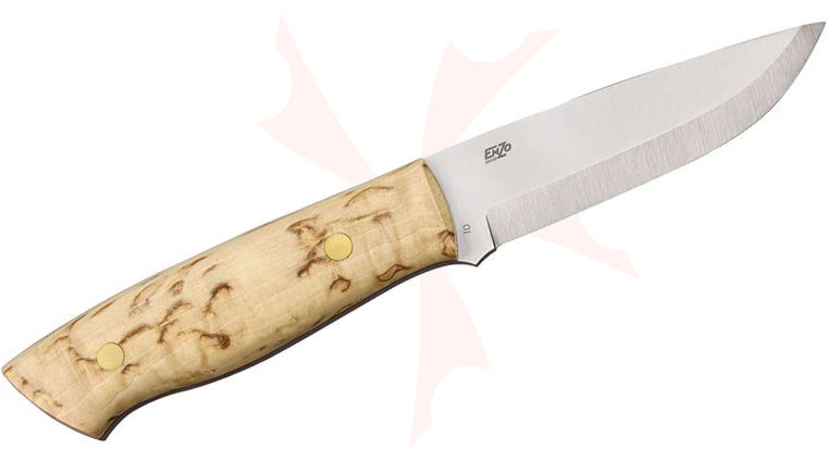 Brisa Trapper O1 Fixed 3.75 inch Plain O1 Blade, Curly Birch Handle, Brown Leather Sheath