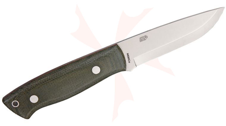 Brisa Trapper 95 Fixed 3.75 inch N690Co Scandi Ground Blade, Green Micarta Handle, Brown Leather Sheath