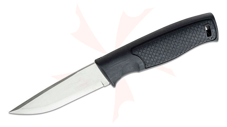 Brisa (EnZo) Hiker 95 Fixed Blade Knife 3.74 inch Sandvik 12C27 Scandi Ground Blade, Black Polypropylene Handles, Black Leather Sheath