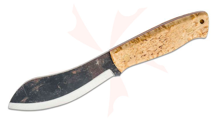Brisa (EnZo) Nessmuk 125 Fixed Blade Knife 4.92 inch 80CrV2 Two-Tone Scandi Blade, Stabilized Curly Birch Handles with Red G10 Liners, Leather Sheath