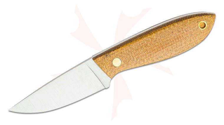 Brisa Bobtail 80 Fixed Blade Knife 3 inch Sandvik 12C27 Flat Grind Blade, Mustard Micarta Handles, Leather Sheath