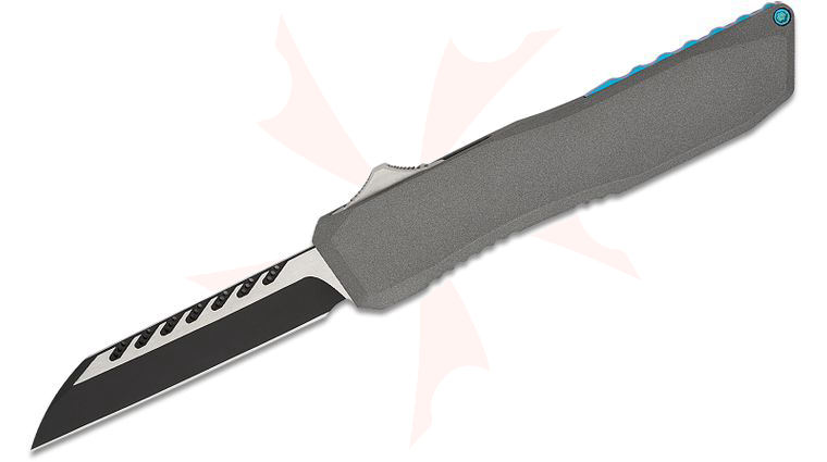 EOS Harpoon Razor OTF AUTO Knife 3.75 inch CPM-20CV Black Sheepsfoot Blade, Tungsten Gray Aluminum Handles, Blue Titanium Accents