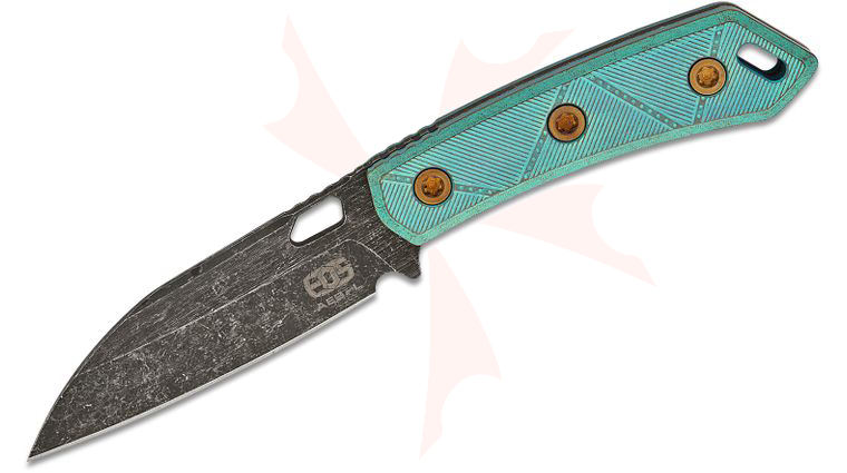 EOS Sandshark Fixed Blade Knife 3.625 inch AEB-L Acid Wash Modified Sheepsfoot Blade, Antique Titanium Handles, Bronze Accents, Kydex Sheath