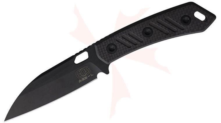 EOS Sandshark Fixed Blade Knife 3.625 inch AEB-L Black DLC Modified Sheepsfoot Blade, Layered Carbon Fiber and Black G10 Handles, Black Accents, Kydex Sheath