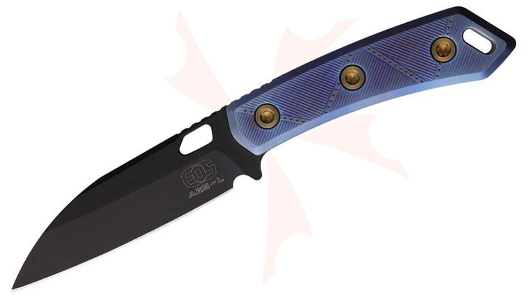 EOS Sandshark Fixed Blade Knife 3.625 inch AEB-L Black DLC Modified Sheepsfoot Blade, Flamed Aluminum Handles, Bronze Accents, Kydex Sheath