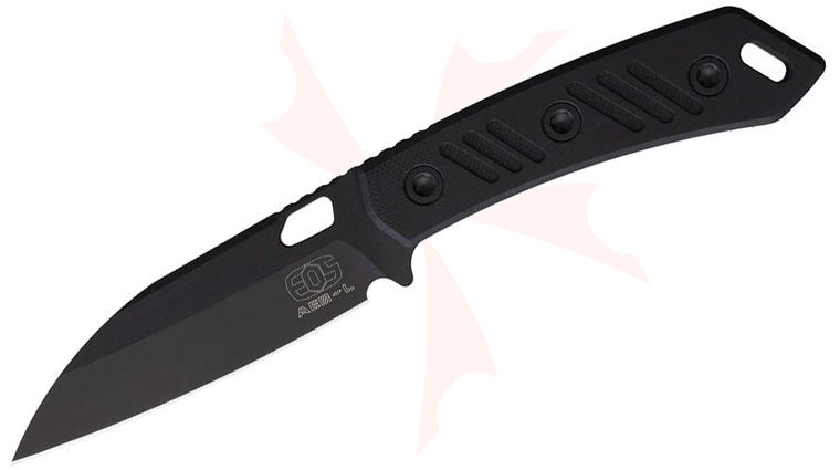 EOS Sandshark Fixed Blade Knife 3.625 inch AEB-L Black DLC Modified Sheepsfoot Blade, Black G10 Handles, Black Accents, Kydex Sheath