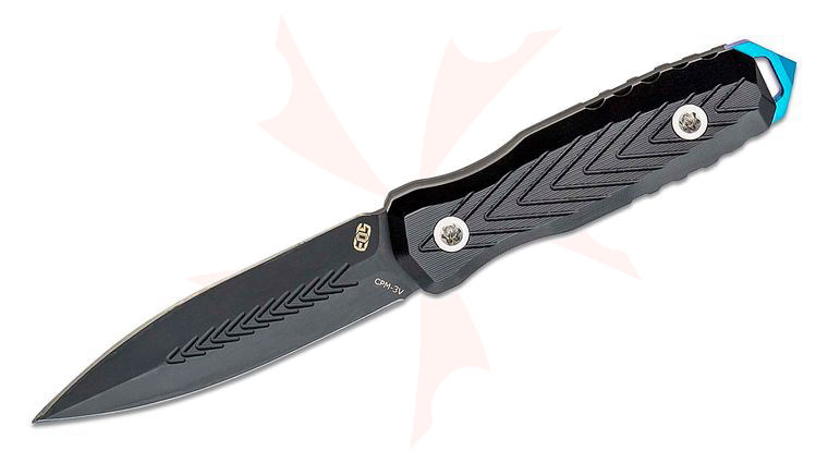 EOS Mini Thresher Fixed Blade Knife 3.625 inch CPM-3V Black DLC Double Edge Spike Blade, Black G10 Handles, Blue Knuck, Kydex Sheath