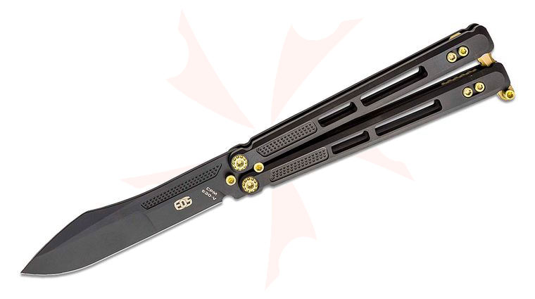 EOS Trident Balisong Butterfly Knife 4.15 inch S30V Black Harpoon Blade, Black Milled Titanium Handles, Gold Hardware
