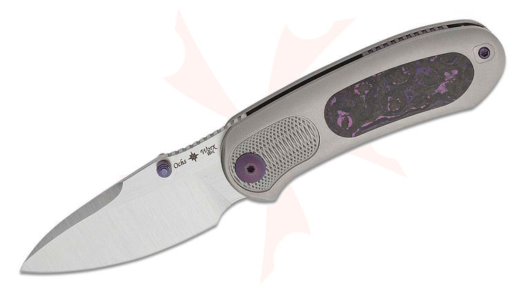 Eric Ochs Mid-Tech Lontra EDX Front Flipper Knife 2.95 inch M390 Two-Tone Drop Point Blade, Machined Titanium Handles with Purple Haze FatCarbon Inlays