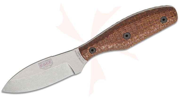 ESEE Knives Belt Knife Fixed Blade Knife 3.3 inch CPM-MagnaCut Stonewashed Drop Point Blade, Scalloped Brown Burlap Micarta Handles, Leather Sheath