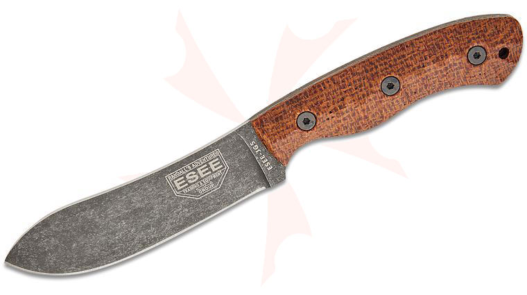 ESEE Knives ESEE-JG5-BM Camp-Lore James Gibson Fixed Blade 4.875 inch 1095 Carbon Black Nessmuk Blade, Scalloped Brown Burlap Micarta Handles, Leather Sheath