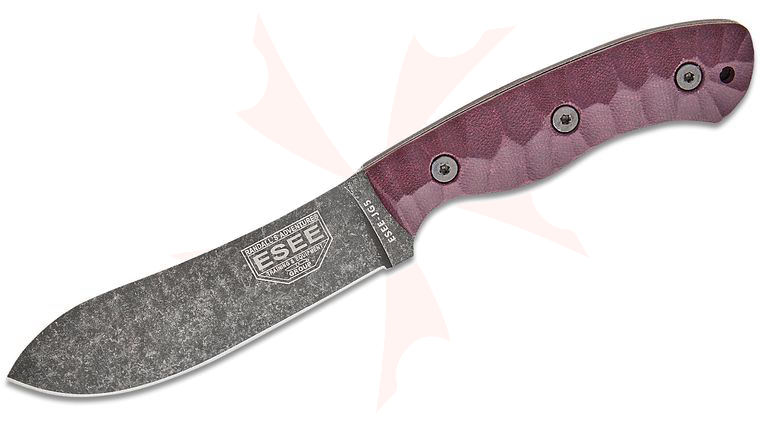 ESEE Knives ESEE-JG5-LM Camp-Lore James Gibson Fixed Blade 4.875 inch 1095 Carbon Black Nessmuk Blade, Scalloped Burgundy Linen Micarta Handles, Leather Sheath