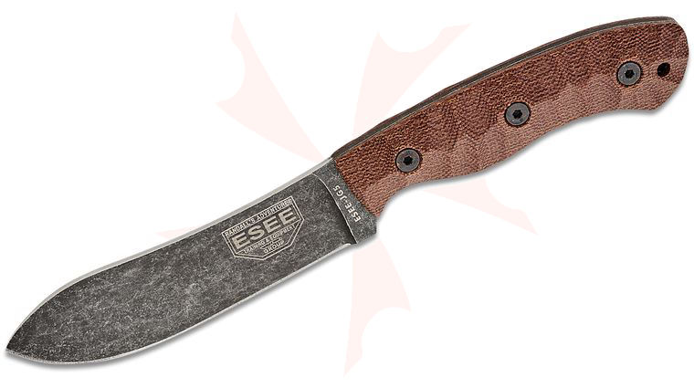 ESEE Knives ESEE-JG5 Camp-Lore James Gibson Fixed Blade Knife 4.875 inch 1095 Carbon Black Nessmuk Blade, Scalloped Brown Micarta Handles, Leather Sheath