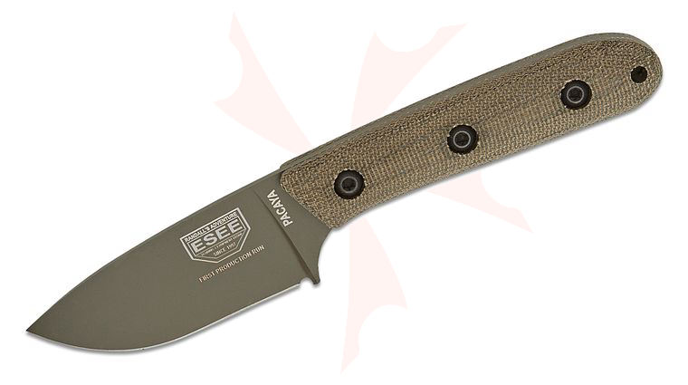 ESEE Knives PACAYA3V-OD Pacaya Fixed Blade Knife 3 inch CPM-3V Olive Cerakote Drop Point Blade, Olive Canvas Micarta Handles, Kydex Sheath with Clip Plate
