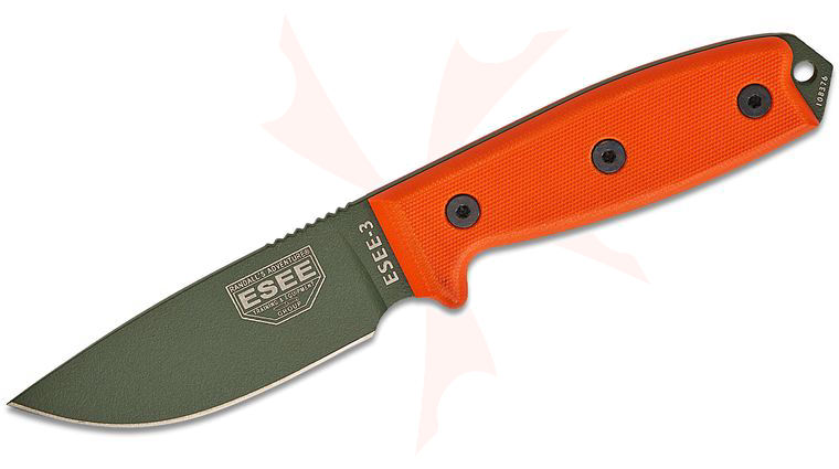 ESEE Knives ESEE-3P-MB-OD OD Green Plain Edge, Orange G10 Handles, Black Sheath, MOLLE Back and Clip Plate