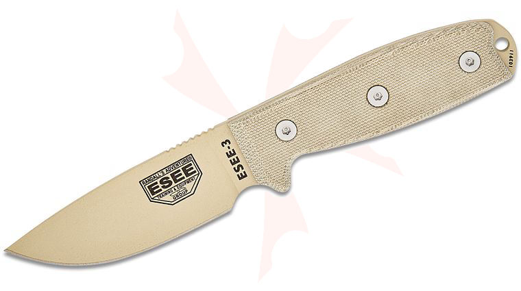 ESEE Knives ESEE-3PM-DT Desert Tan Plain Edge, Rounded Pommel, OD Green Sheath, Clip Plate