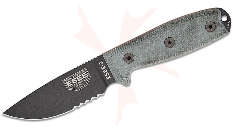 ESEE Knives ESEE-3SM-MB Fixed Blade Knife 3.875 inch 1095 Carbon Black Combo Blade, Coyote Brown Sheath, MOLLE Back and Clip Plate