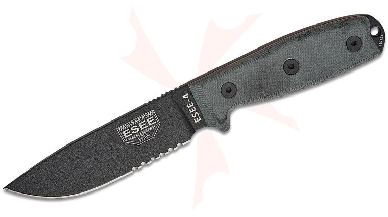 ESEE Knives ESEE-4S-MB Fixed Blade Knife 4.5 inch 1095 Carbon Black Combo Blade, Black Sheath, MOLLE Back and Clip Plate