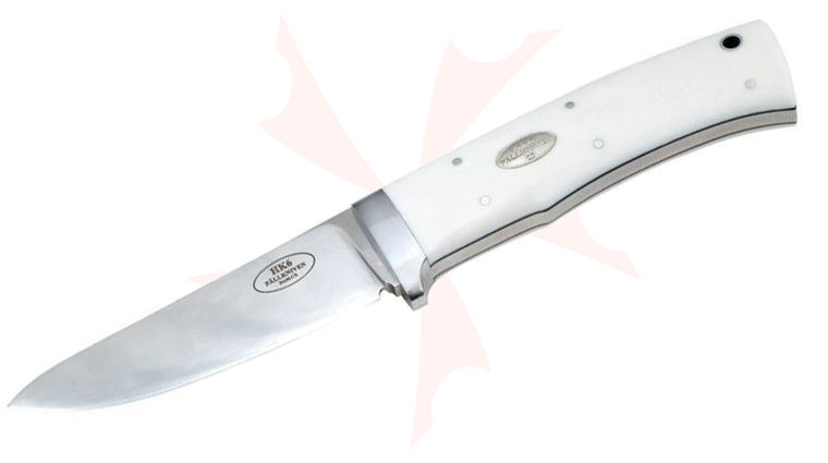Fallkniven HK6 Hunter's Knife Fixed Blade Knife 3.5 inch Cowry X Damascus Drop Point Blade Blade, White Elforyn Handle, Leather Sheath