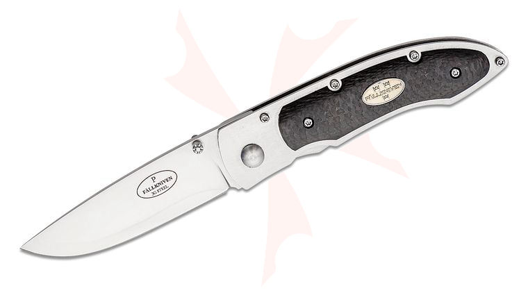 Fallkniven P Folding Knife 3 inch 3G Satin Drop Point Blade, Stainless Steel Handle with Carbon Fiber Onlays, Cordura Pouch