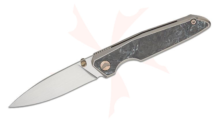 FerraMonster FM23001-E UrbanGrip V2 Frame Lock Front Flipper Knife 3.63 inch M390 Hand Rubbed Satin Drop Point Blade, Gray Bead Blasted Titanium Handles with Marbled Carbon Fiber Inlays