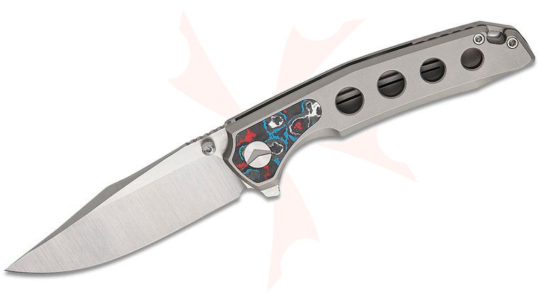 FerraMonster FM23005-A Valken Frame Lock Flipper Knife 3.5 inch M390 Belt Satin Clip Point Blade, Titanium Handles with Nebula FatCarbon Inlays