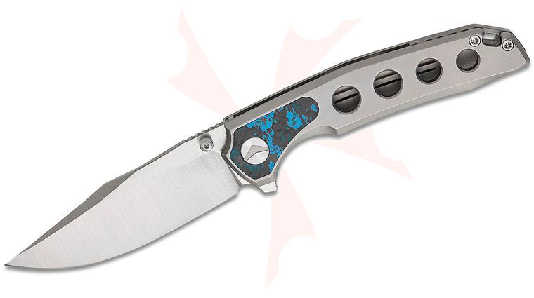 FerraMonster FM23005-B Valken Frame Lock Flipper Knife 3.5 inch M390 Belt Satin Clip Point Blade, Titanium Handles with Arctic FatCarbon Inlays