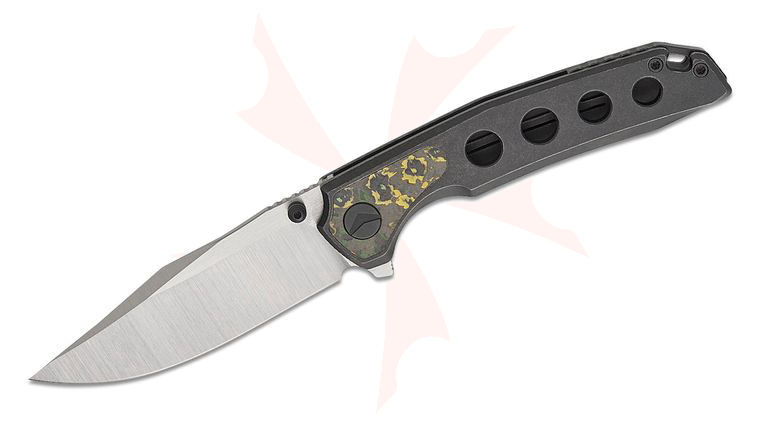 FerraMonster FM23005-D Valken Frame Lock Flipper Knife 3.5 inch M390 Belt Satin Clip Point Blade, Black Stonewashed Titanium Handles with Toxic FatCarbon Inlays