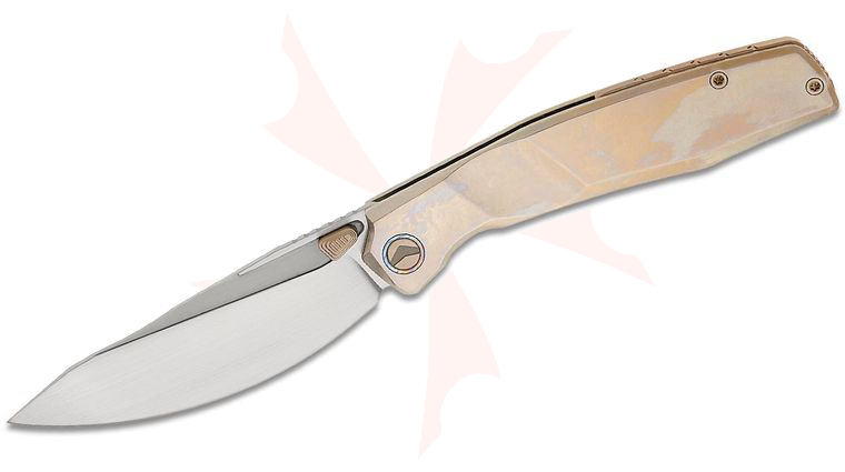 FerraMonster FM23009-D Astrome Frame Lock Folding Knife 3.82 inch S90V Hand Rubbed Satin Clip Point Blade, Champagne Crystallized Titanium Handles, Bronze Titanium Hardware