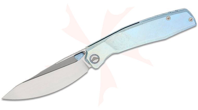 FerraMonster FM23009-E Astrome Frame Lock Folding Knife 3.82 inch S90V Hand Rubbed Satin Clip Point Blade, Light Blue Crystallized Titanium Handles, Gray Titanium Hardware