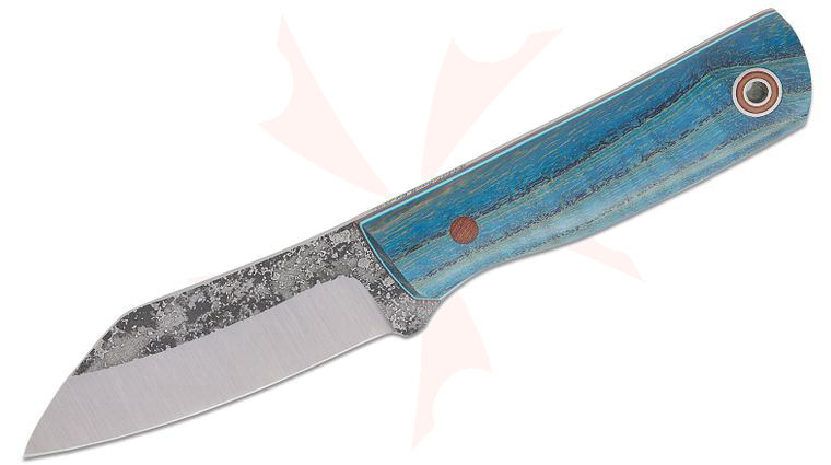 Fiddleback Forge Custom Shogun Fixed Blade Knife 3.625 inch A2 Tapered Tang Modified Sheepsfoot Blade, Sky Blue Curly Ash Handles, No Sheath